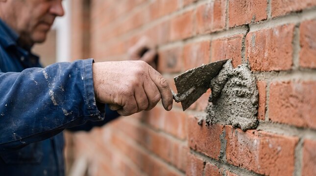 Professional mason using a trowel to apply cement between bricks while repairing an old wall on a building site for residential maintenance and manual labor concept.