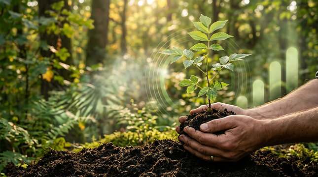 Hands holding green seedling sprout in forest with digital growth charts