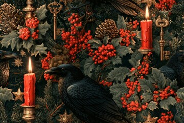 Obraz premium Seamless Victorian gothic Christmas pattern with candles, ravens, holly, ornate keys, pinecones and stars in black, burgundy, evergreen and antique gold, detailed vintage engraving