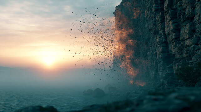 Massive rockfall cascading down sharp cliff face into misty ocean waters at dramatic golden sunrise for nature disaster.