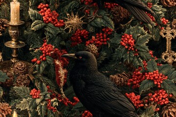 Obraz premium Seamless Victorian gothic Christmas pattern with candles, ravens, holly, ornate keys, pinecones and stars in black, burgundy, evergreen and antique gold, detailed vintage engraving