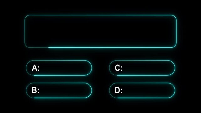 Minimalist Quiz Question and Answer Options Animation with A, B, C and D, Color Changing Neon Glow on Dark Background