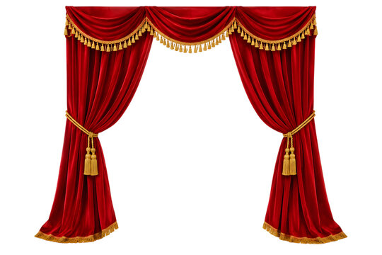 Elegant red velvet theater curtains with golden decorative tassels and luxurious draped valance ideal for classical stage show and grand opera background design.