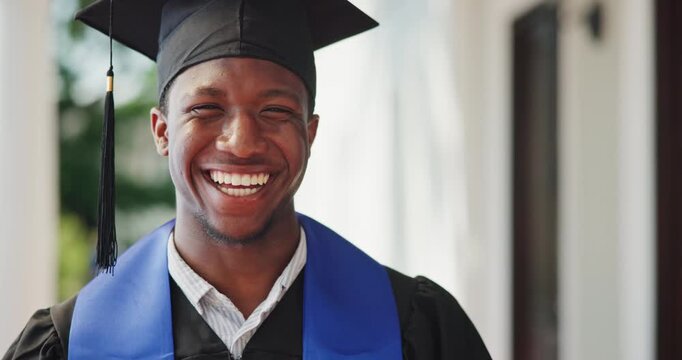 College, degree and black man with face for graduation, award or milestone for education goals. Portrait, campus and happy student with celebration, diploma and success for achievement and university