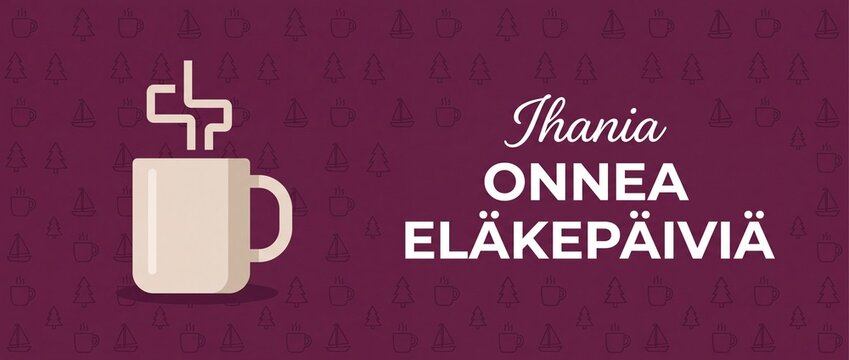 Finnish happy retirement greeting banner featuring coffee cup illustration with text Onnea El&auml;kep&auml;ivi&auml; on dark purple pattern background for pension celebration card design concept vector illustration