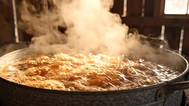Spiced Chai Simmering in a Large Copper Pot, Releasing Fragrant Steam and Creating a Warm, Inviting Atmosphere. Slow Motion Footage.