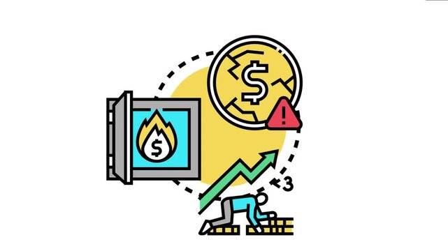 Monetary easing initiative leading to currency devaluation and inflation, impacting financial markets and creating challenges for economic recovery symbolized by a struggling person