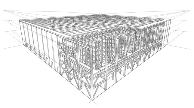 Architectural drawing of a modern warehouse structure with steel beams and structural grids.