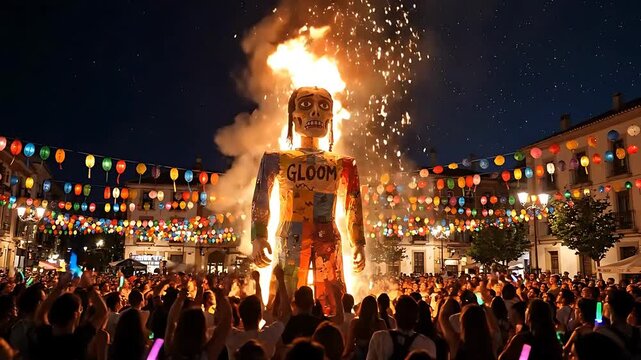 Burning Gloom Figure with Fireworks Erupting Amidst a Vibrant Nighttime Festival Crowd. and Burning Figure and Celebration