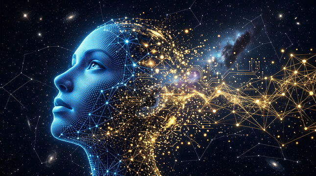 AI consciousness: A profile of a woman's face dissolving into a constellation of digital data, representing artificial intelligence and the vastness of the cosmos.