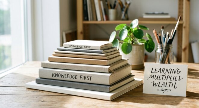 A Stack of Books Labeled 'Knowledge First' on a Wooden Surface