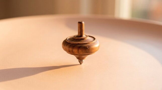 Wooden spinning top balanced on smooth beige surface with long shadow.