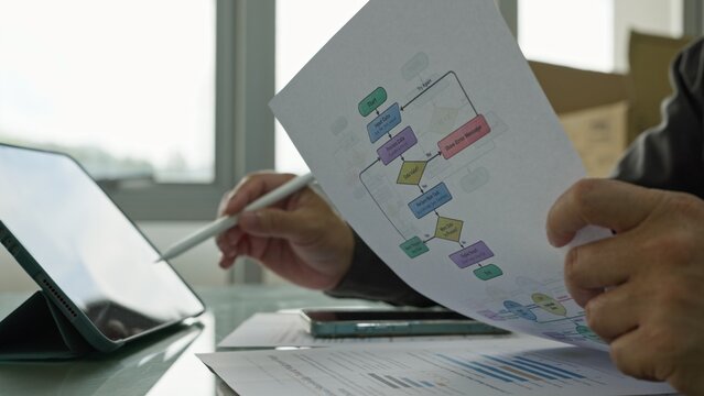 Business analyst reviewing printed workflow process flowchart hold stylus pen over digital tablet at office desk.