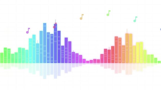 Colorful Music Equalizer Bars in City Skyline Silhouette