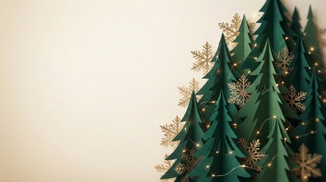 Minimalist Christmas greeting card design with green paper cut out Christmas trees and golden snowflakes on a white background, festive background