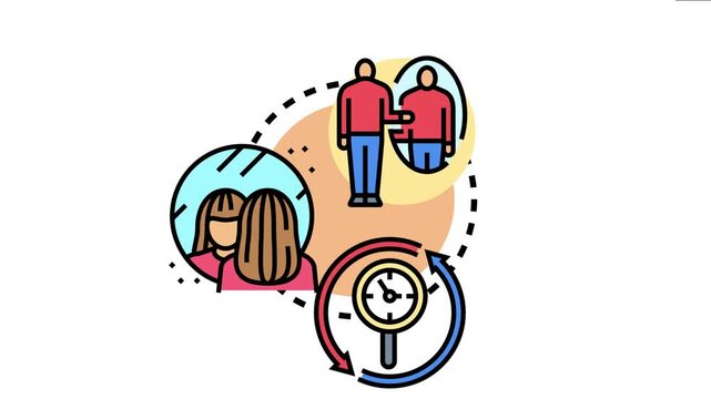 People engaging in self reflection and introspection, looking at their own appearance and examining personal perception, while a magnifying glass searches for understanding in a cyclical process