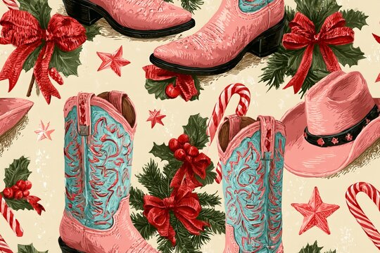 Seamless western Christmas pattern with pink cowgirl boots, cowboy hats, bows, stars and candy canes in dusty pink, cherry red, turquoise and cream, retro hand drawn illustration