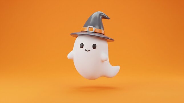 Cute friendly white ghost wearing a dark pointed witch hat floating happily against vibrant solid orange background