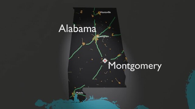 Alabama 3D Animated Map with Highways and Montgomery Capital