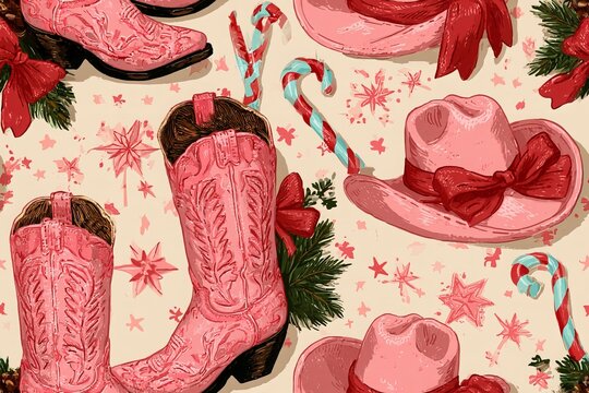 Seamless western Christmas pattern with pink cowgirl boots, cowboy hats, bows, stars and candy canes in dusty pink, cherry red, turquoise and cream, retro hand drawn illustration