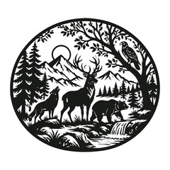 Fototapeta premium Wildlife Forest Landscape Circular Silhouette Vector with Deer and Mountain Scene