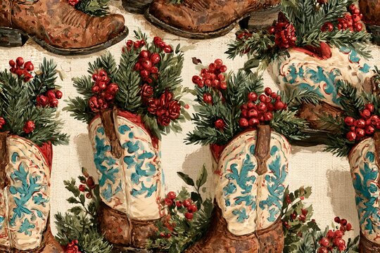 Seamless western Christmas pattern with vintage cowboy boots, evergreen branches, red berries and tiny ornaments in brown, turquoise, cranberry and cream, rustic watercolor illustration