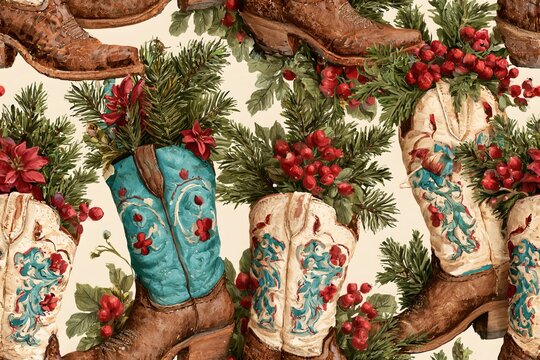Seamless western Christmas pattern with vintage cowboy boots, evergreen branches, red berries and tiny ornaments in brown, turquoise, cranberry and cream, rustic watercolor illustration