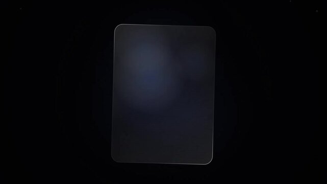 A singular rectangular electronic tablet screen emits a soft glowing radiance while resting within the encompassing darkness of an infinite void space representing advanced communication