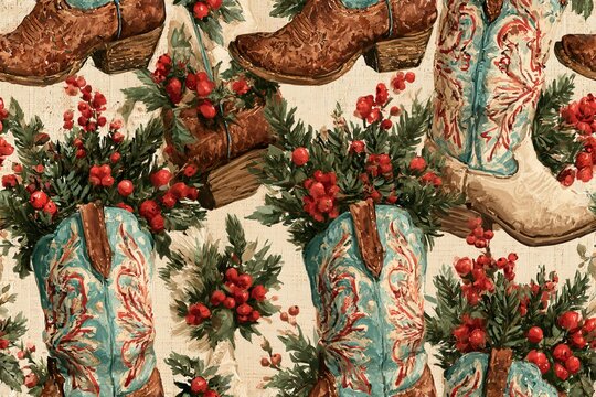 Seamless western Christmas pattern with vintage cowboy boots, evergreen branches, red berries and tiny ornaments in brown, turquoise, cranberry and cream, rustic watercolor illustration