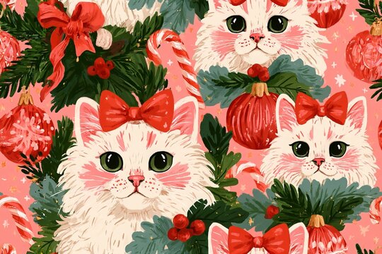 Seamless whimsical Christmas pattern with cute cats wearing festive bows, ornaments, candy canes, holly and tiny stars in blush pink, cranberry, sage and cream, hand painted illustration