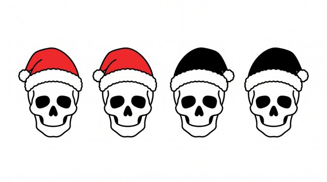 Festive human skulls wearing red and black santa hats in a digital outline vector illustration set format
