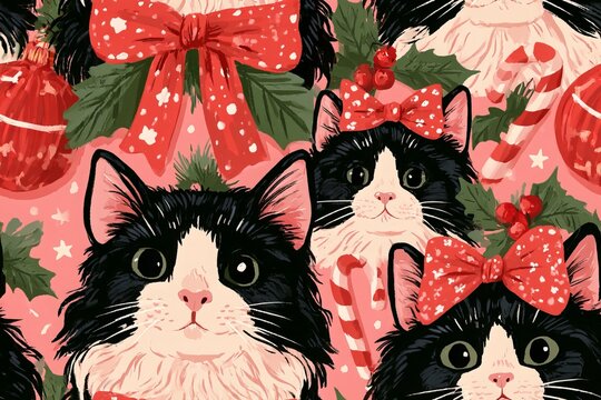 Seamless whimsical Christmas pattern with cute cats wearing festive bows, ornaments, candy canes, holly and tiny stars in blush pink, cranberry, sage and cream, hand painted illustration