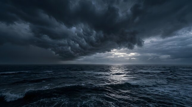 Dark stormy sea with waves reflecting moonlight under heavy brooding clouds