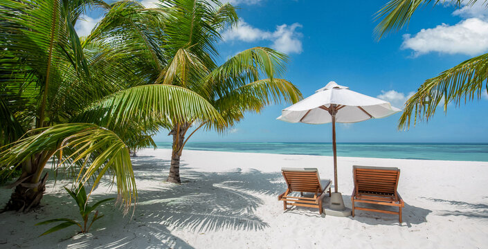 Romantic tropical beach wooden sunbeds white umbrella palm trees turquoise sea sandy shore sunny paradise. Perfect summer vacation travel scene. Luxury honeymoon couples relax love coastal getaway