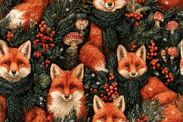 Obraz premium Seamless woodland Christmas pattern with red foxes wearing knitted scarves, pine branches, berries, mushrooms and snowflakes in rust orange, green, cranberry and cream, storybook gouache style