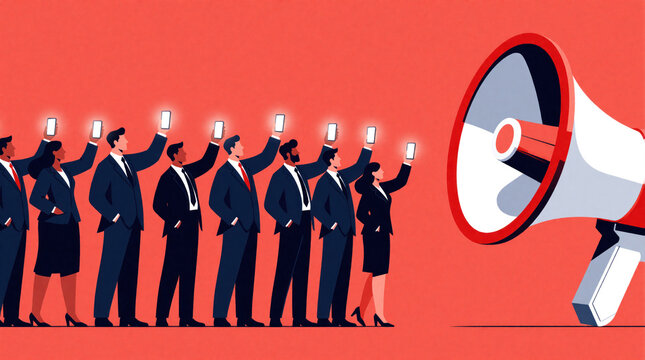 Group of business people hold smartphones toward huge megaphone. Loyal customers act as brand ambassadors to promote products. Marketing concept of customer advocacy program, social media engagement
