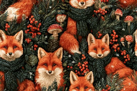 Seamless woodland Christmas pattern with red foxes wearing knitted scarves, pine branches, berries, mushrooms and snowflakes in rust orange, green, cranberry and cream, storybook gouache style
