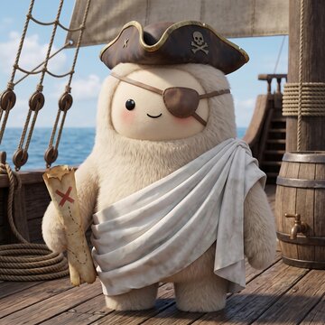 Cute fluffy creature dressed as a pirate on a ship