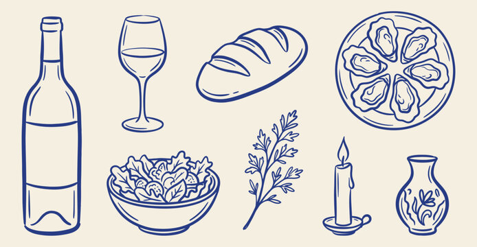 Vector illustration set of dining and wine elements featuring bottle, glass, bread, and oysters in blue outline