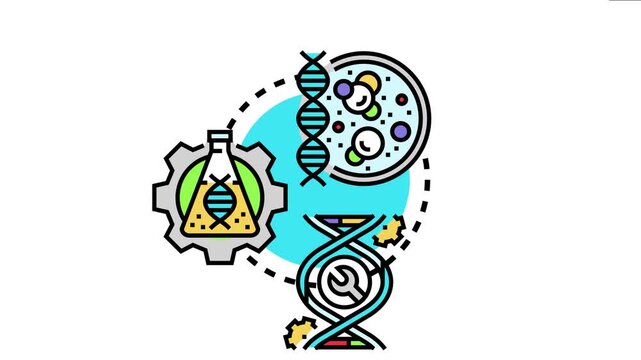 Molecular biotechnology concept combining dna helixes with a laboratory flask containing genetic material, a petri dish showing microscopic cells, and a wrench icon indicating genetic engineering