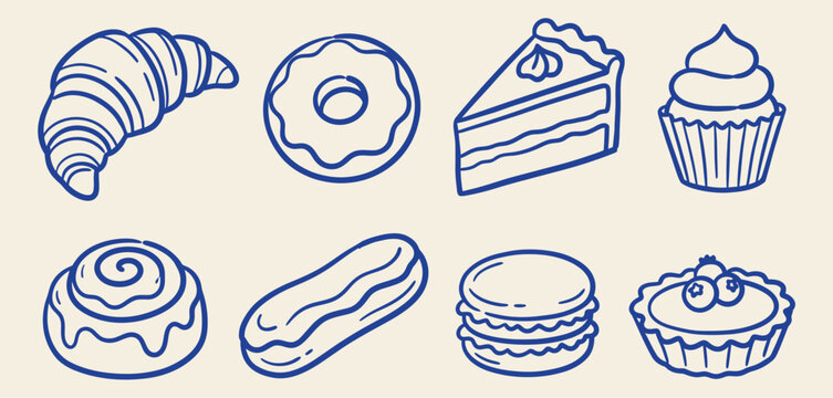 Vector illustration set of delicious pastry, cake, donut, cupcake, and macaron in blue outline