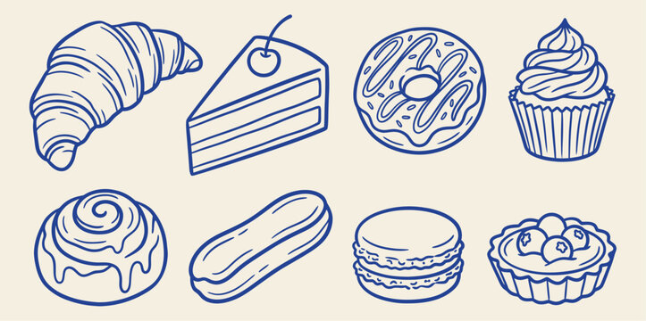 Vector illustration set of delicious bakery sweets and desserts in blue outline on beige background