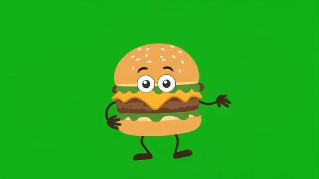 A cheerful cartoon style animated cheeseburger character with a bouncy wiggling motion, isolated on green screen chroma key