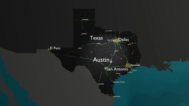 Texas 3D Map High-Tech Graphic with Houston, Dallas, and Austin Lights