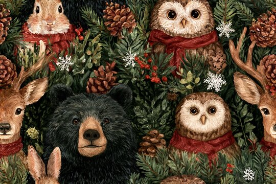 Seamless woodland Christmas pattern with bear, deer, rabbit and owl wearing scarves, evergreen sprigs, pinecones, snowflakes and berries in earthy green, brown, burgundy and cream, watercolor gouache