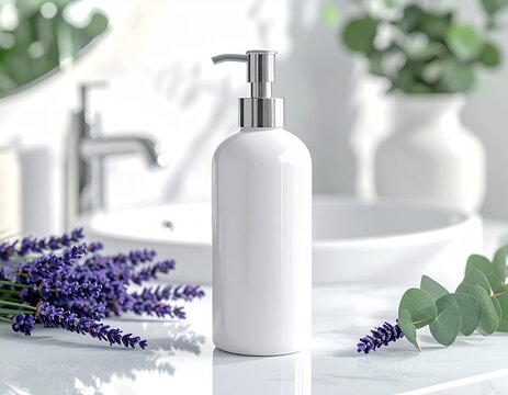 White soap dispenser bottle with fresh lavender flowers on a bright bathroom vanity counter.