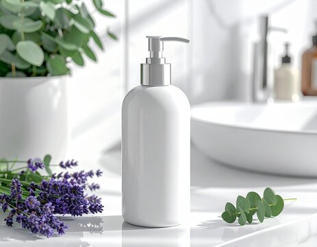 White soap dispenser bottle on a bathroom vanity with lavender and eucalyptus.