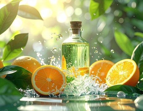 Fresh orange essential oil in a glass bottle with splashing water and citrus fruits.