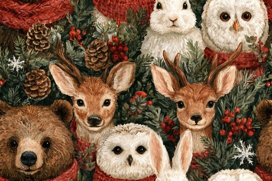 Seamless woodland Christmas pattern with bear, deer, rabbit and owl wearing scarves, evergreen sprigs, pinecones, snowflakes and berries in earthy green, brown, burgundy and cream, watercolor gouache