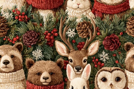 Seamless woodland Christmas pattern with bear, deer, rabbit and owl wearing scarves, evergreen sprigs, pinecones, snowflakes and berries in earthy green, brown, burgundy and cream, watercolor gouache